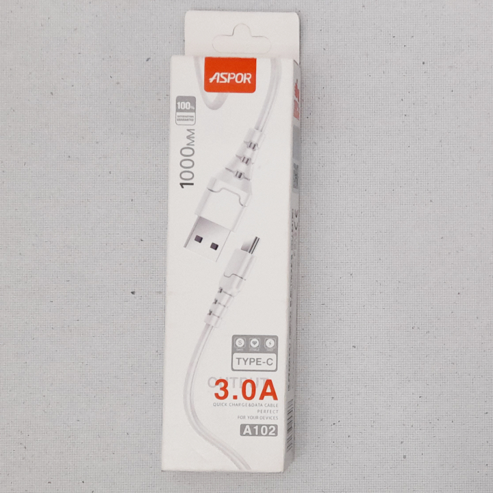 کابل شارژ USB به Usb-c ( یو اس بی به تایپ سی ) 3.0 آمپر آسپور فست شارژ مدل Aspor A102